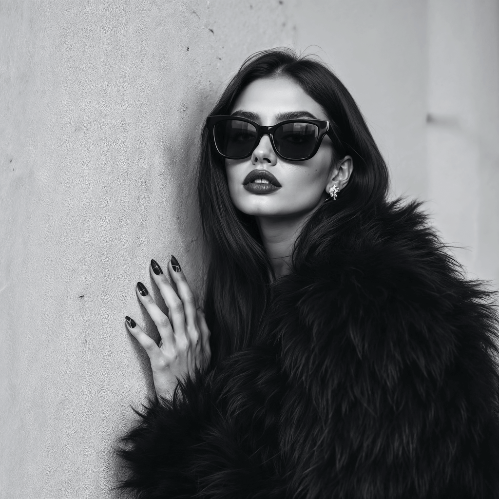 woman wearing glasses standing against a wall and showing nails