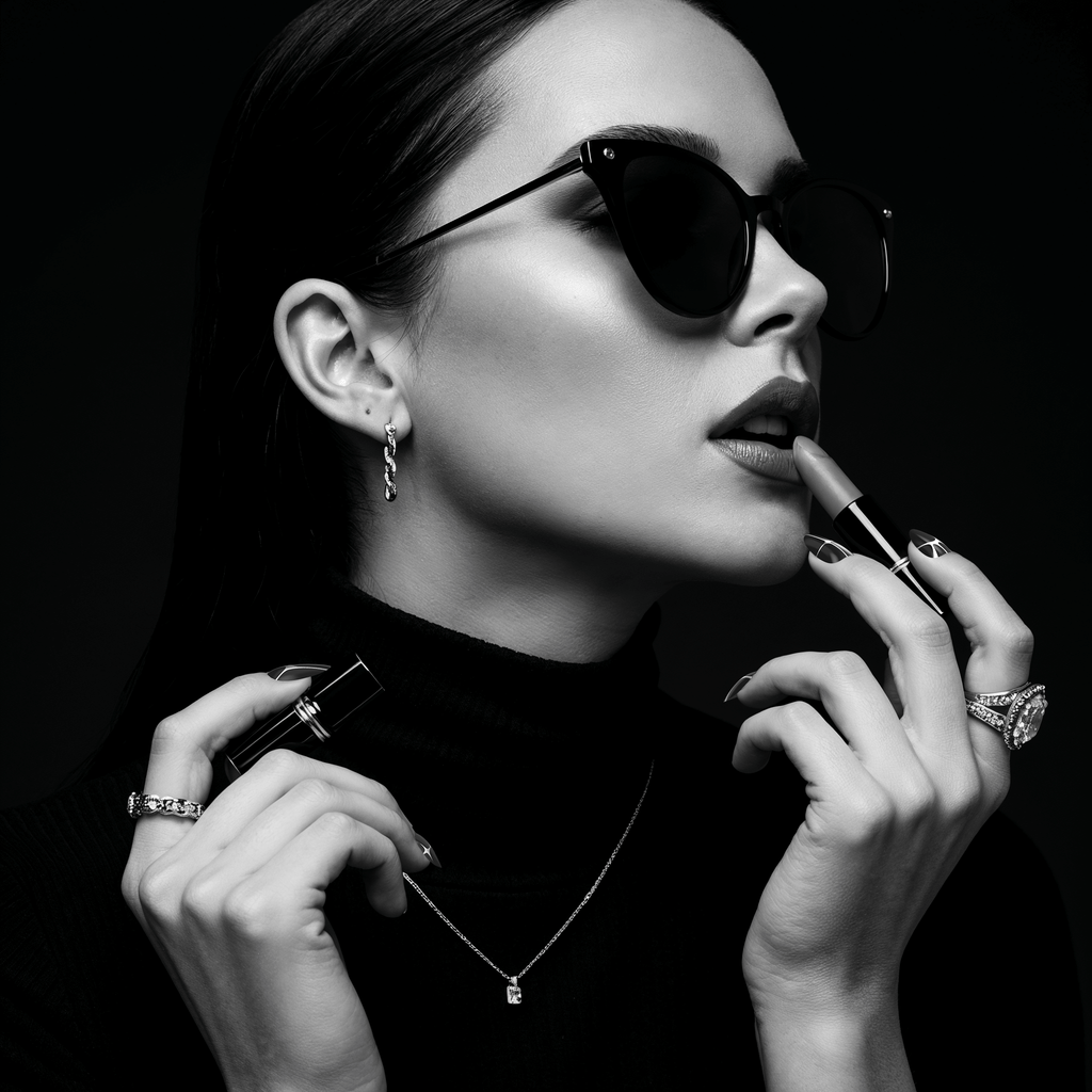 woman applying makeup and showing nails