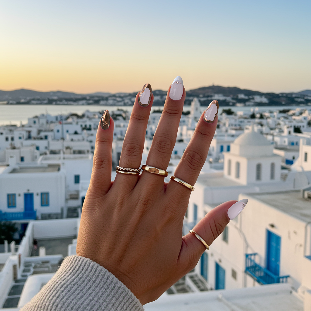 womans hand against a skyline showing nails