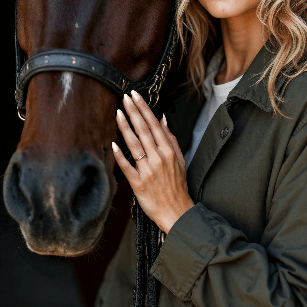 woman standing next to horse and showing her nails